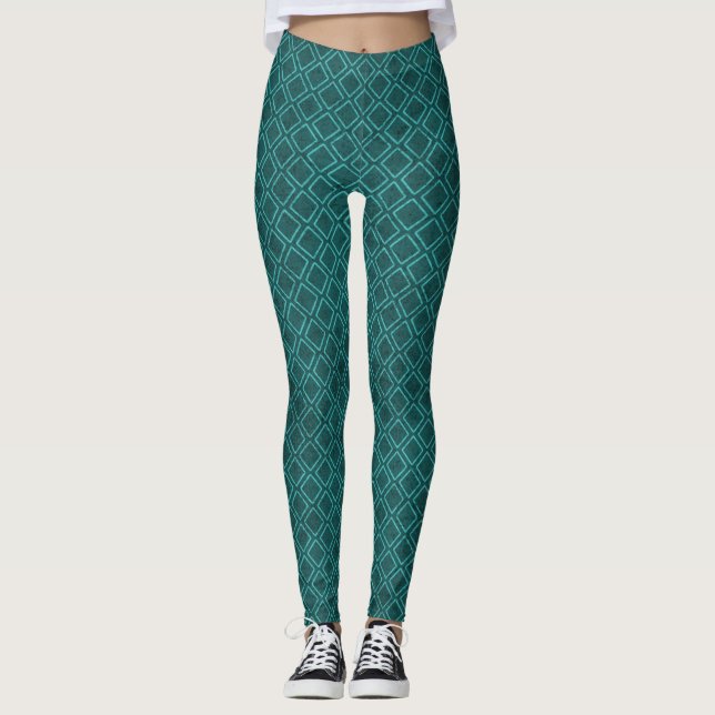 Teal Blue Diamond Pattern Leggings (Front)