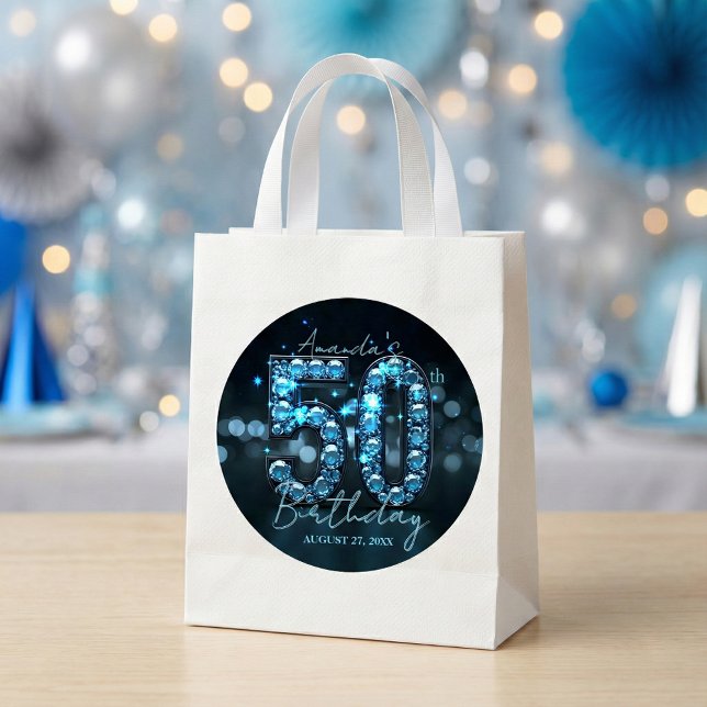 Teal Blue Diamonds & Black Glamorous 50th Birthday Classic Round Sticker (Creator Uploaded)