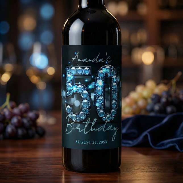 Teal Blue Diamonds Glamorous 50th Birthday Wine Label (Creator Uploaded)