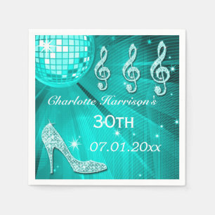 Teal Blue Disco Ball and Sparkle Heels 30th Napkin