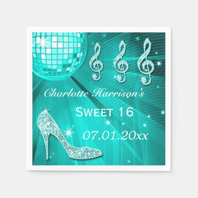 Teal blue Disco Ball and Sparkle Heels Sweet 16 Napkin (Front)