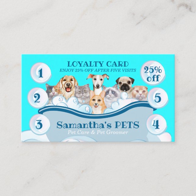 Teal Blue Dog Cat Groomer Pet Care Bath Loyalty Business Card (Front)