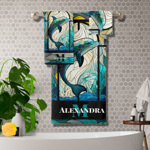 Teal Blue Dolphin Look of Stained Glass Bath Towel Set