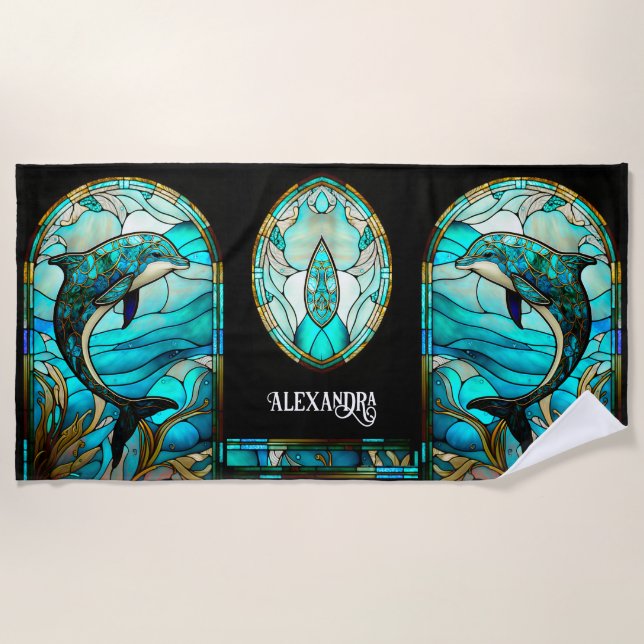 Teal Blue Dolphin Look of Stained Glass Beach Towel (Front)