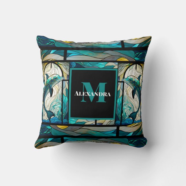 Teal Blue Dolphin Look of Stained Glass Cushion (Back)