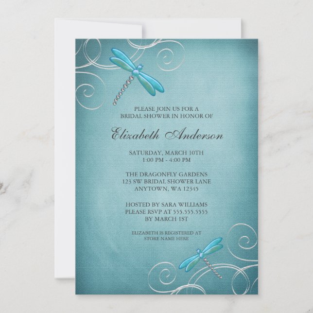 Teal Blue Dragonfly Swirls Bridal Shower Invitation (Front)