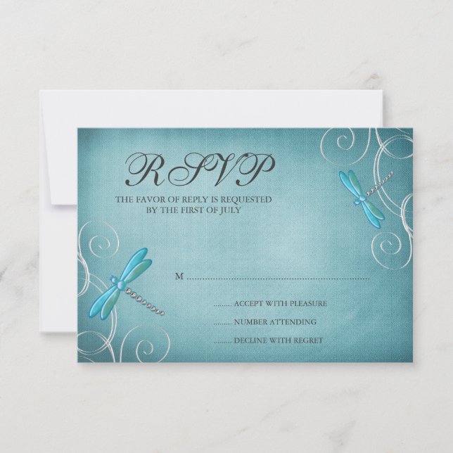 Teal Blue Dragonfly Swirls Wedding Response Card (Front)