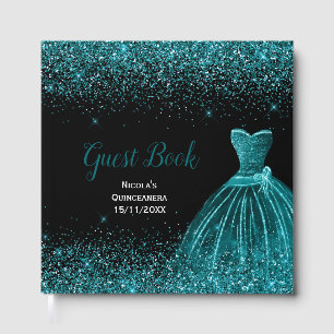 Teal Blue Dress Faux Glitter Quinceanera Guest Book