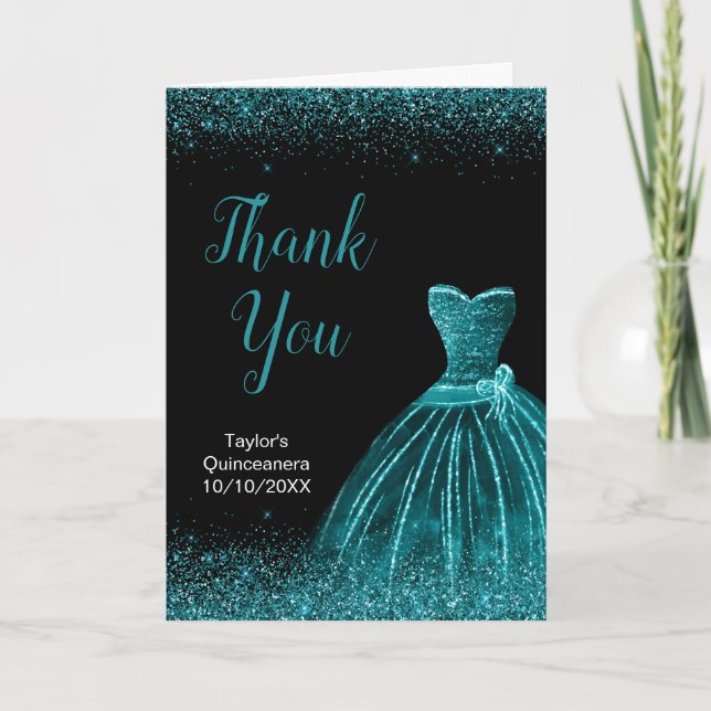 Teal Blue Dress Faux Glitter Quinceanera Thank You Card (Front)