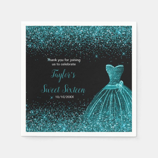 Teal Blue Dress Faux Glitter Sweet 16 Birthday Napkin (Front)