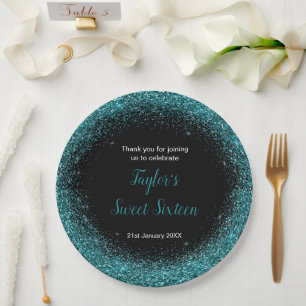 Teal Blue Dress Faux Glitter Sweet 16 Birthday Paper Plate