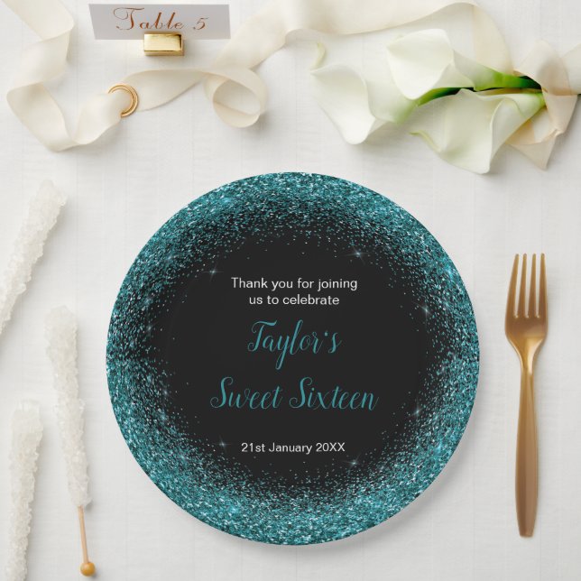 Teal Blue Dress Faux Glitter Sweet 16 Birthday Paper Plate (Wedding)