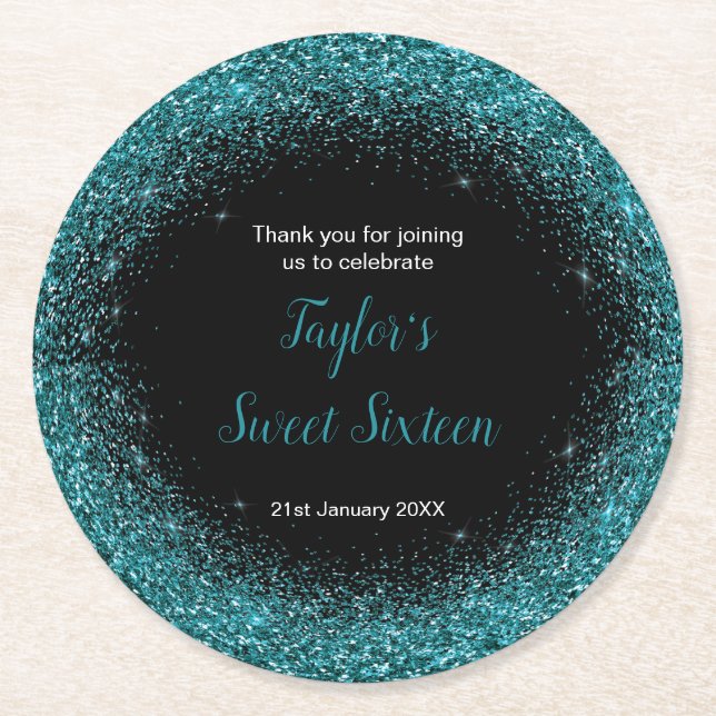 Teal Blue Dress Faux Glitter Sweet 16 Birthday Round Paper Coaster (Front)