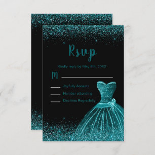 Teal Blue Dress Faux Glitter Sweet 16 Birthday RSVP Card