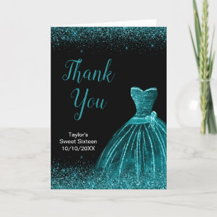 Teal Blue Dress Faux Glitter Sweet 16 Birthday Thank You Card