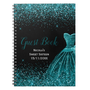 Teal Blue Dress Faux Glitter Sweet 16 Guest Book