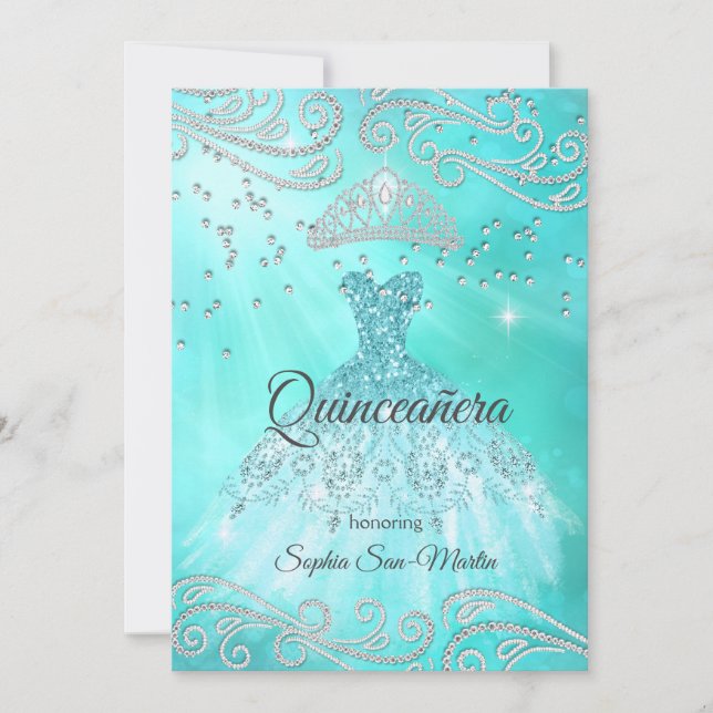 Teal Blue Dress Silver Quinceanera 15th Birthday Invitation (Front)