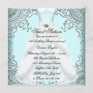 Teal Blue Dress Teal Sweet 16 Birthday Party Invitation