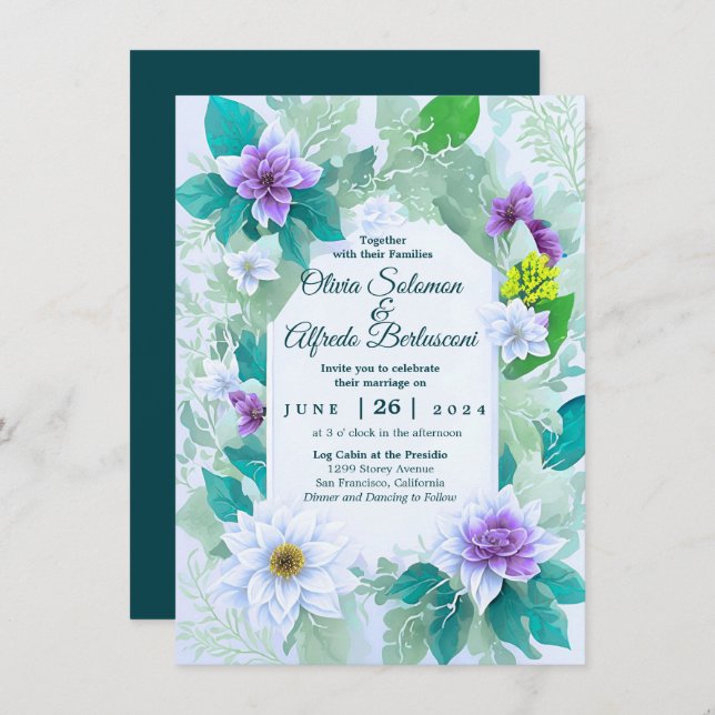 Teal blue elegant modern whimsical wedding theme invitation (Front/Back)