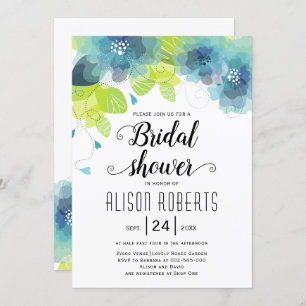 Teal blue ethereal flowers wedding bridal shower invitation