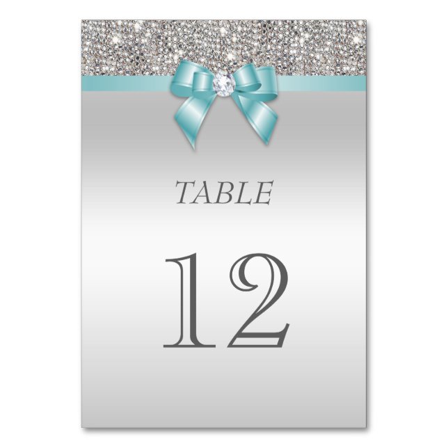 Teal Blue Faux Bow Silver Sequins Table Number (Front)