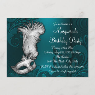 Teal Blue Feather Mask Masquerade Party Invitation