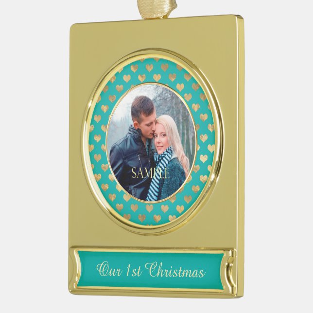 Teal Blue First Christmas Gold Heart Gold Plated Banner Ornament (Left)