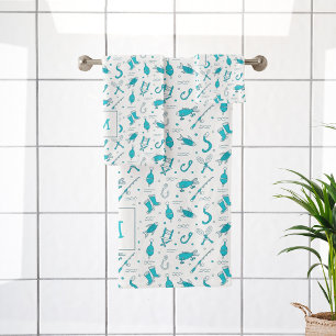 Teal Blue Fishing Seamless Pattern Monogrammed Bat Bath Towel Set