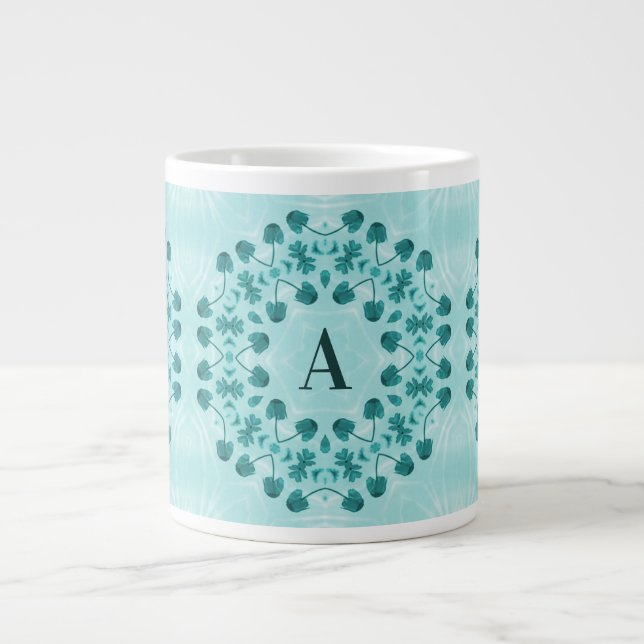 Teal Blue Floral Abstract Monogram Large Coffee Mug (Front)
