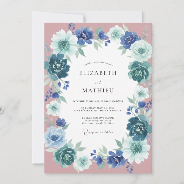 Teal Blue Floral Ethereal Wedding Invitation (Front)
