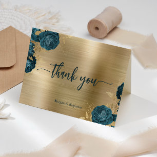 Teal Blue Floral Gold Brushed Metal Wedding Thank You Card