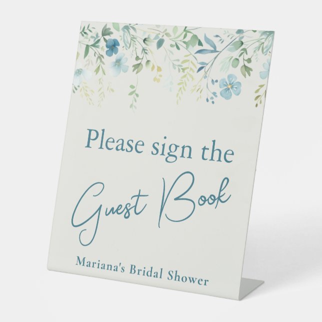 Teal Blue Floral Ivory Bridal Shower Guest Book Pedestal Sign (Front)