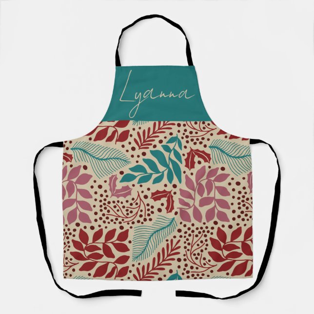 Teal Blue Floral Pattern Retro Cosy Christmas Apron (Front)