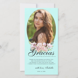 Teal Blue Floral Quinceañera Photo Thank You Card