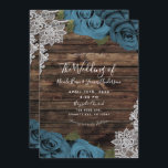 Teal Blue Floral Roses Rustic Wood Lace Wedding Invitation<br><div class="desc">Customise any way you want.</div>