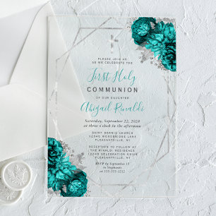 Teal Blue Floral Silver Frame First Holy Communion Acrylic Invitations