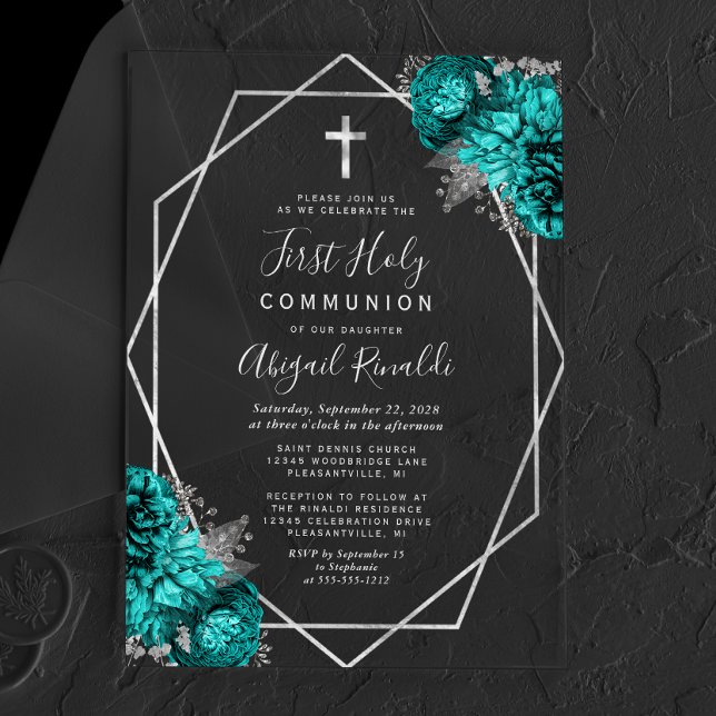 Teal Blue Floral Silver Text First Holy Communion Acrylic Invitations (Creator Uploaded)