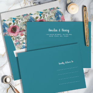 Teal Blue Floral Watercolor Wedding Envelope