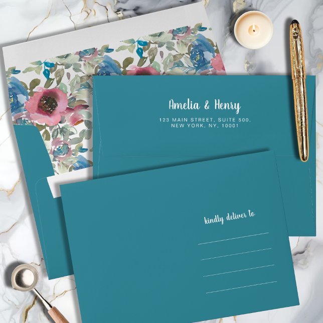 Teal Blue Floral Watercolor Wedding Envelope (Creator Uploaded)