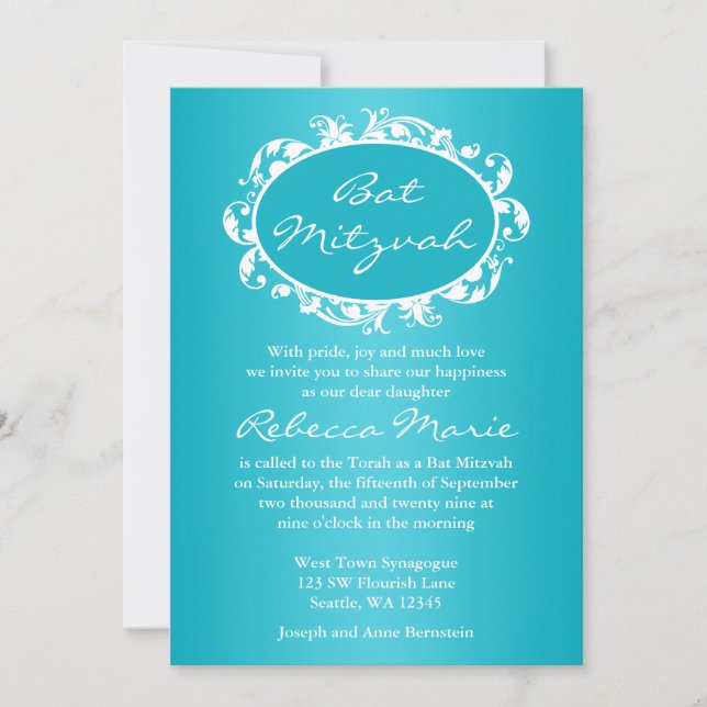 Teal Blue Flourish Swirl Frame Bat Mitzvah Invitation (Front)