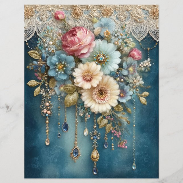 Teal Blue Flower Gems Junk Journal Scrapbook Paper (Front)