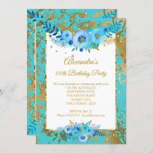Teal Blue Flowers Gold Birthday Party Invitation