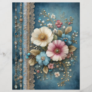 Teal Blue Flowers Junk Journal Scrapbook Paper