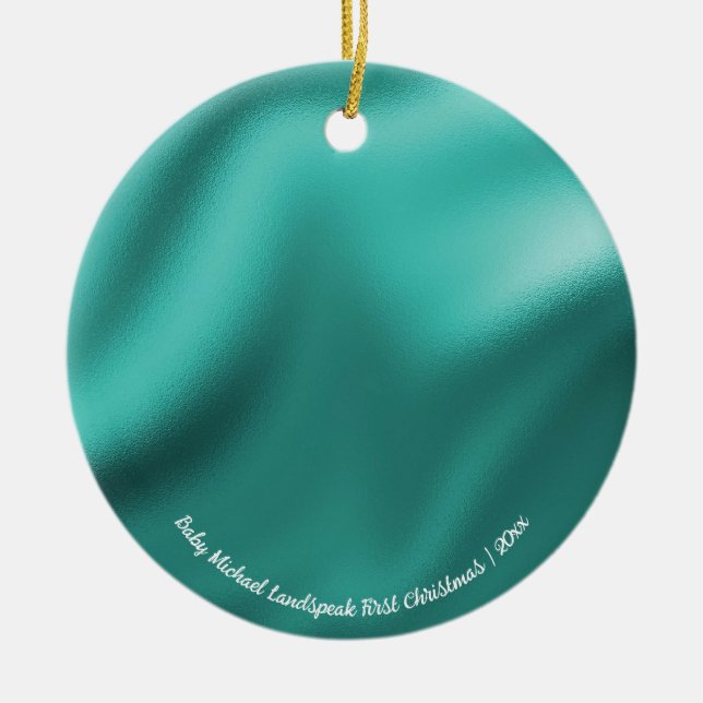 Teal Blue Foil, Baby 1st Christmas Ceramic Tree Decoration (Front)