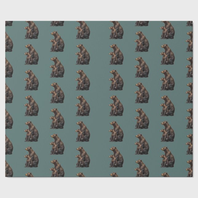 Teal Blue Folk Art Bear Pattern Wrapping Paper (Seam)