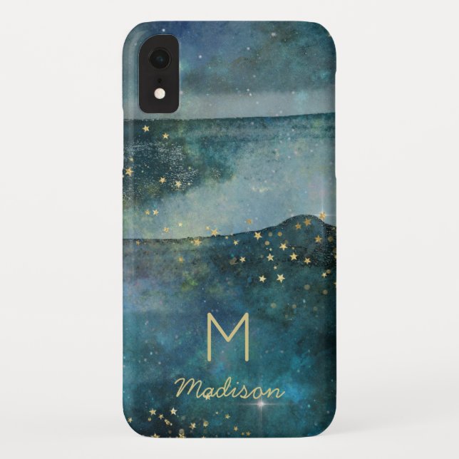 Teal Blue Galaxy Gold Stars Celestial Sky Monogram Case-Mate iPhone Case (Back)