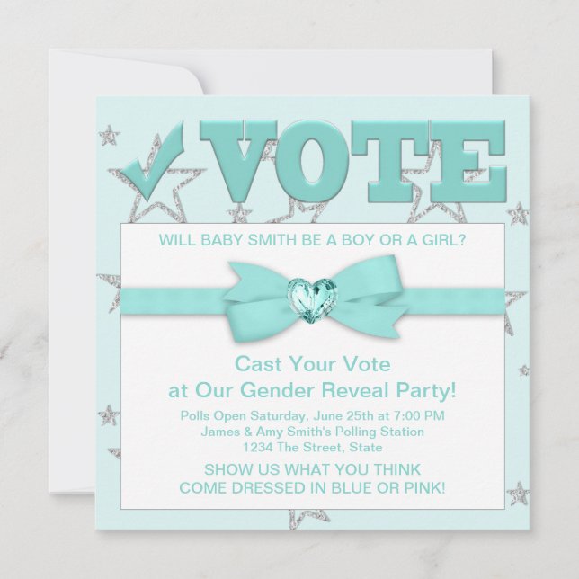 Teal Blue Gender Reveal Party Invitations (Front)
