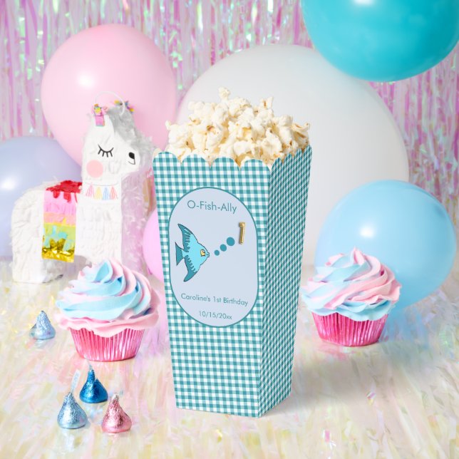 Teal Blue Gingham 1st Birthday 3 Photo Favour Box  (Party)