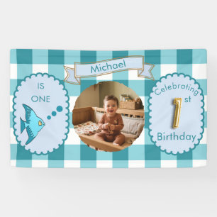 Teal Blue Gingham 1st Birthday Photo Fish Party  Banner