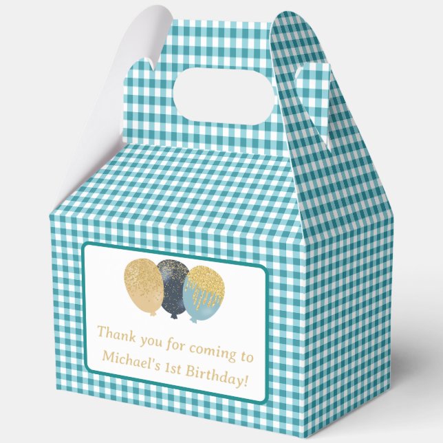 Teal Blue Gingham Balloons Custom Photo Birthday  Favour Box (Front)